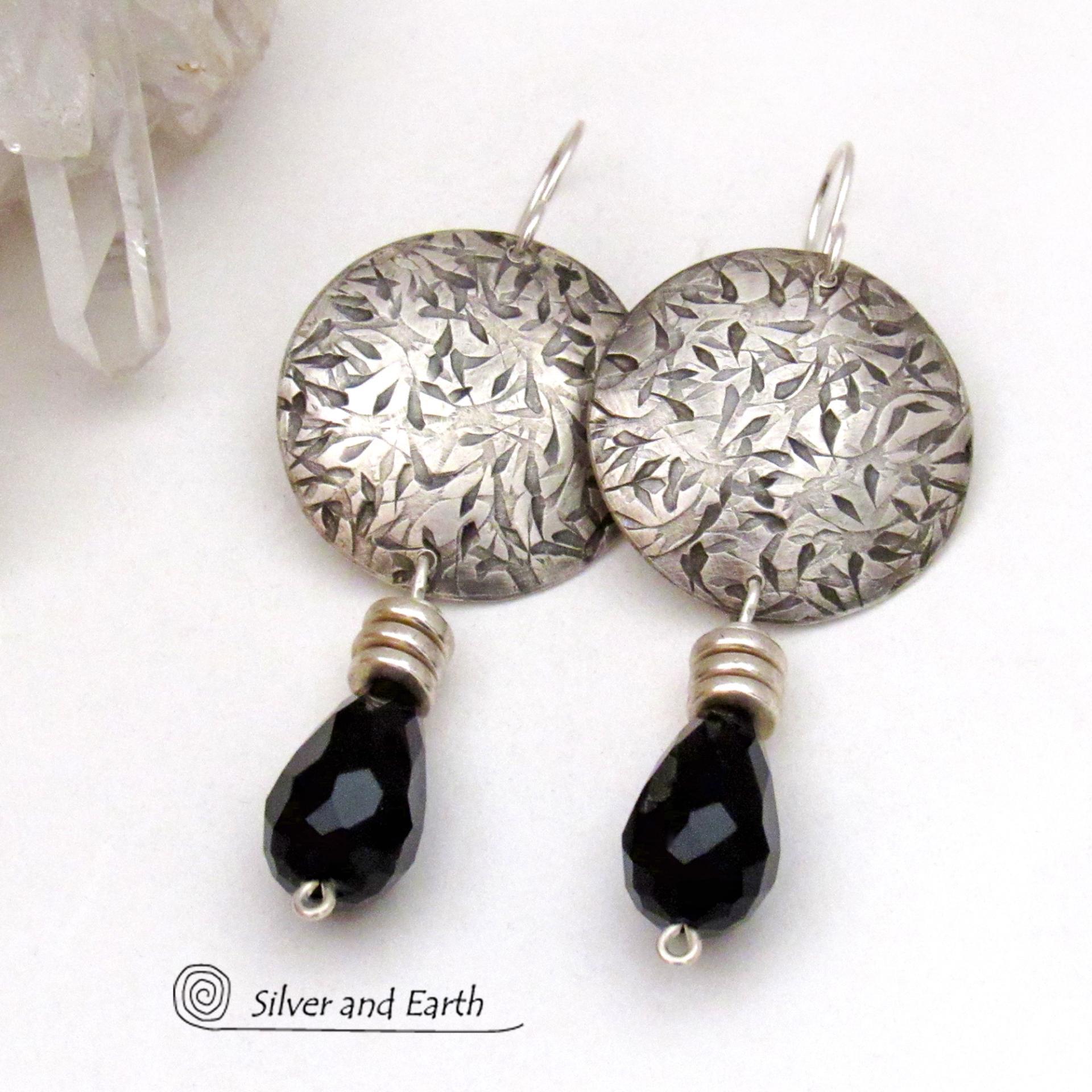 Sterling Silver Earrings with Dangling Black Faceted Crystals - Elegant Dressy Modern Silver Jewelry