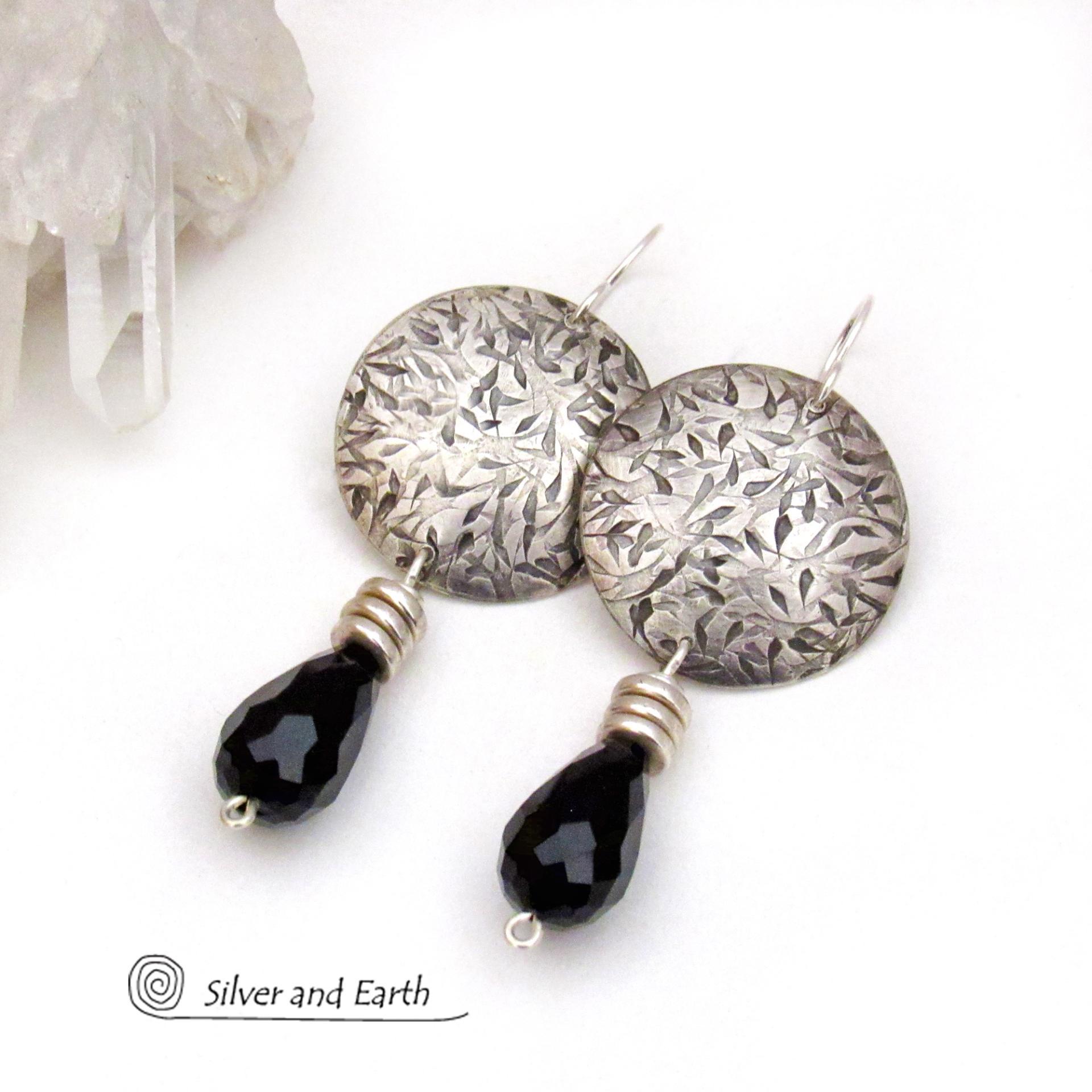 Sterling Silver Earrings with Dangling Black Faceted Crystals - Elegant Dressy Modern Silver Jewelry