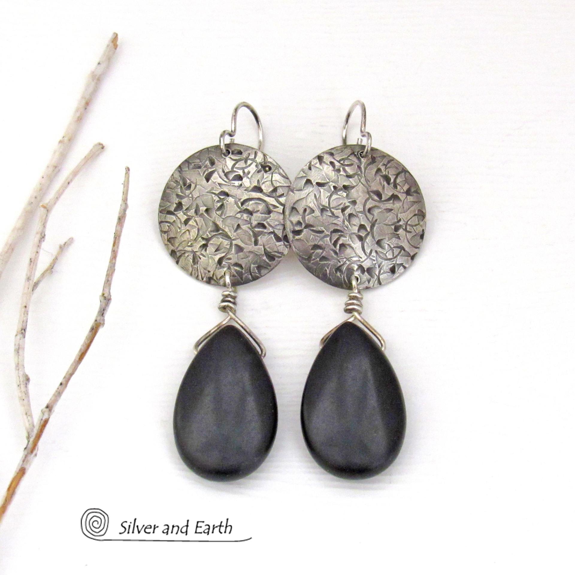 Sterling Silver Earrings with Dangling Black Onyx Gemstones - Handcrafted Silver Jewelry