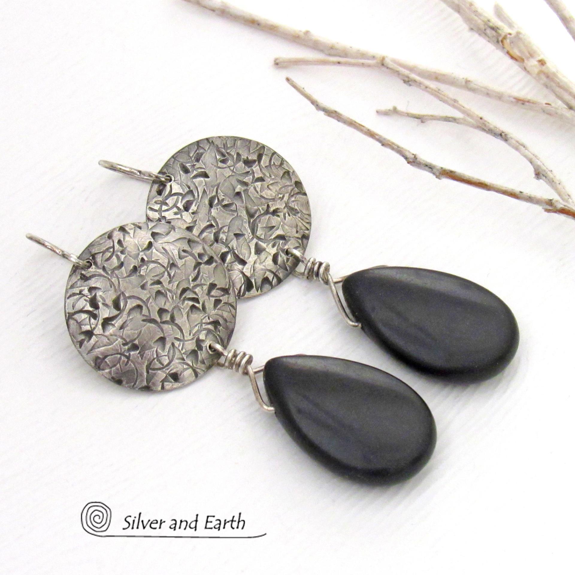 Sterling Silver Earrings with Dangling Black Onyx Gemstones - Artisan Handcrafted Sterling Silver Jewelry