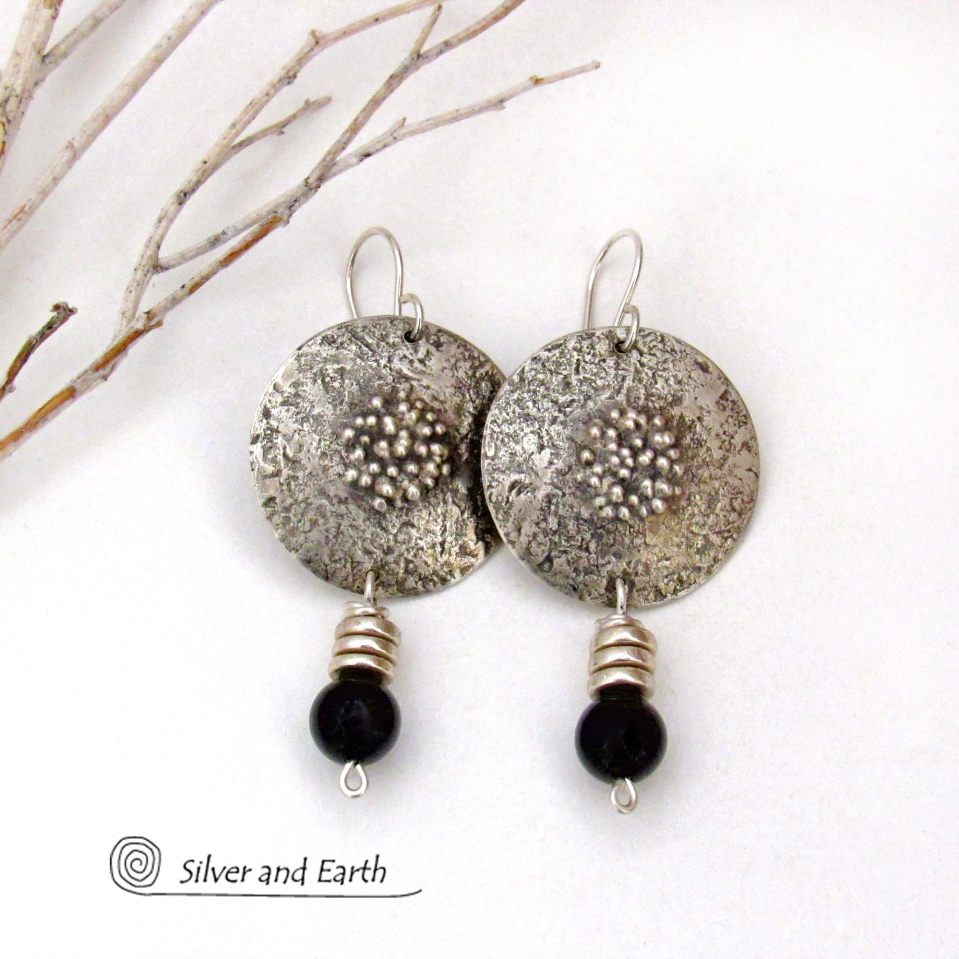 Textured Sterling Silver Earrings with Black Onyx Dangles - Chic Modern Stylish Jewelry