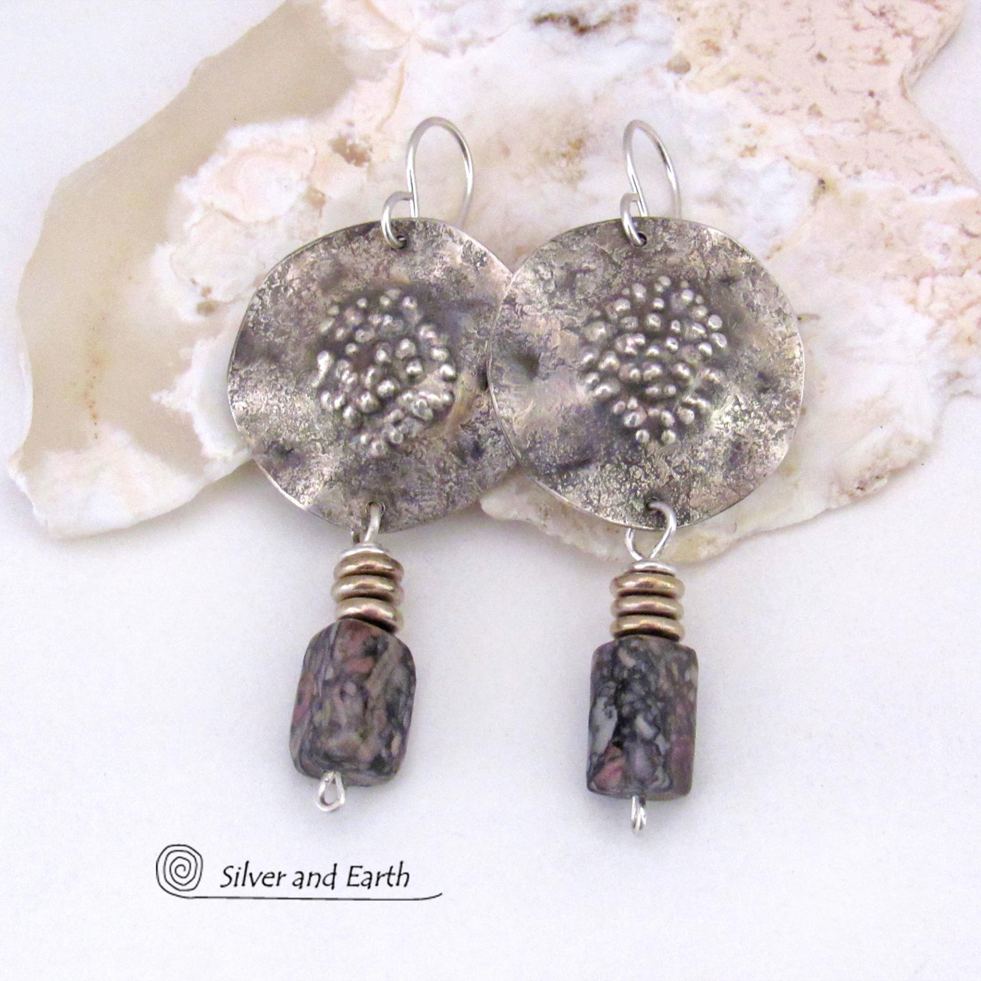 Sterling Silver Earrings with Dangling Crinoid Fossil Stones - Bold Modern Earthy Organic Natural Fossil Jewelry 