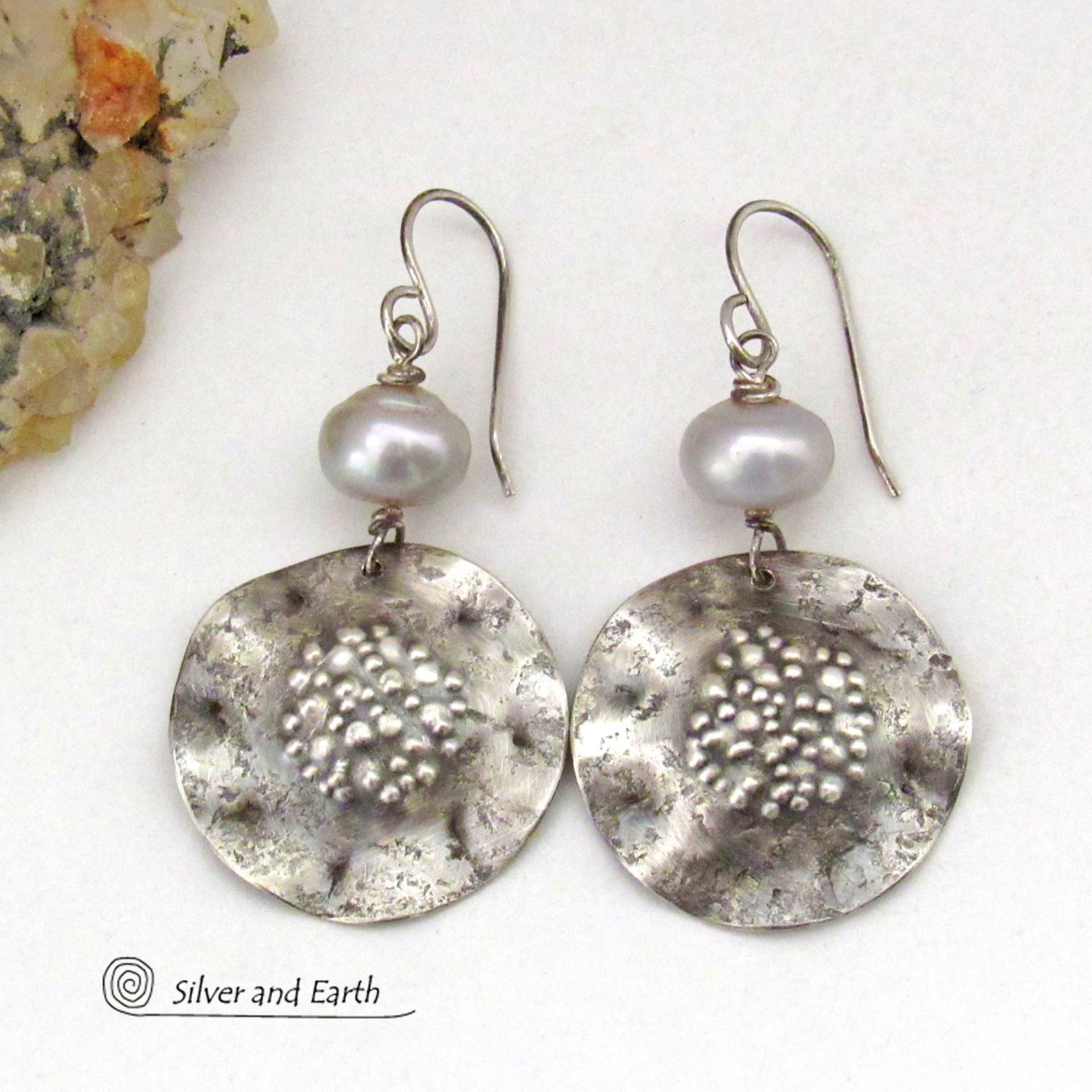 Hammered Sterling Silver Earrings with Silver Freshwater Pearls - Earthy Organic Modern Chic Artisan Handcrafted Jewelry