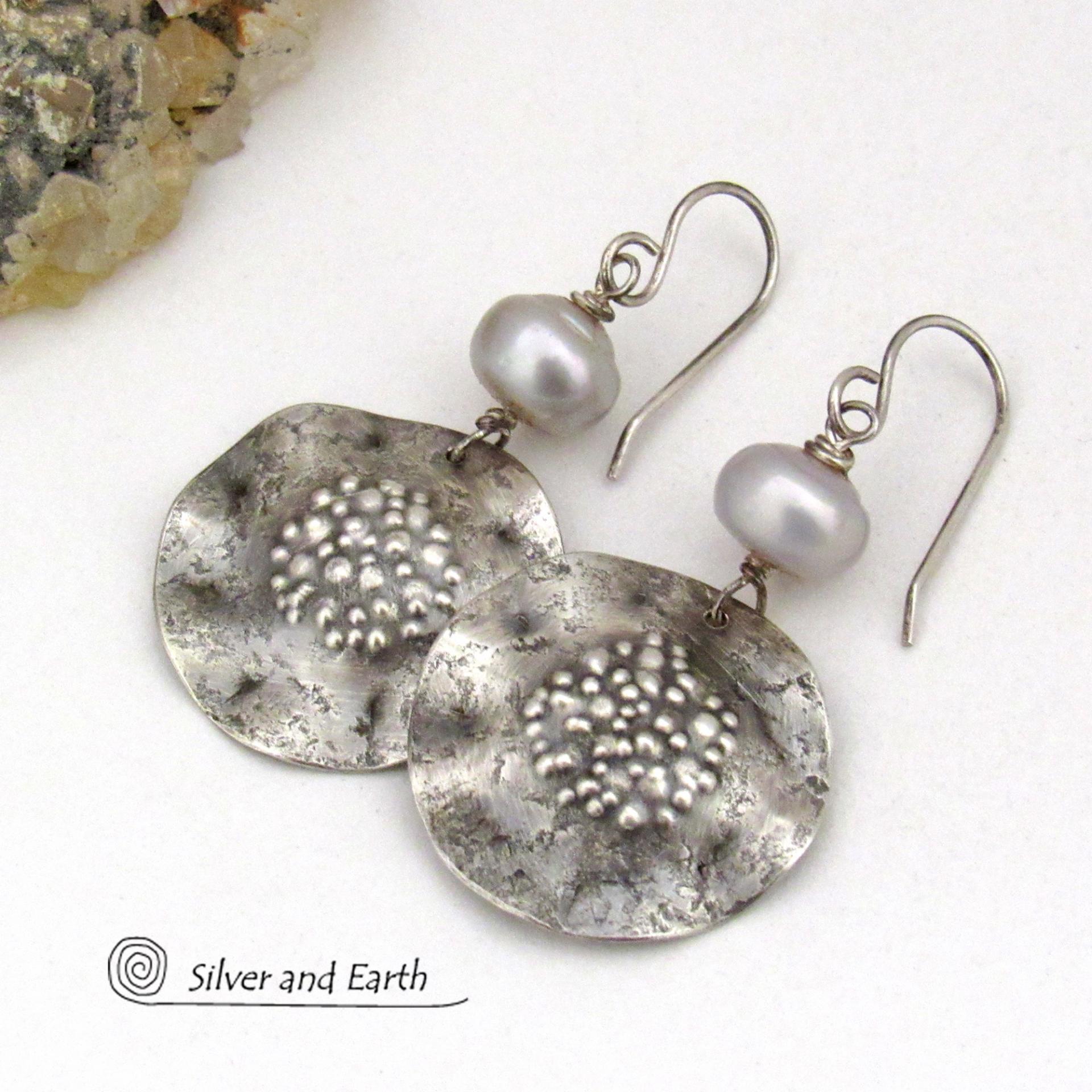 Hammered Sterling Silver Earrings with Silver Freshwater Pearls - Earthy Organic Modern Chic Artisan Handcrafted Jewelry