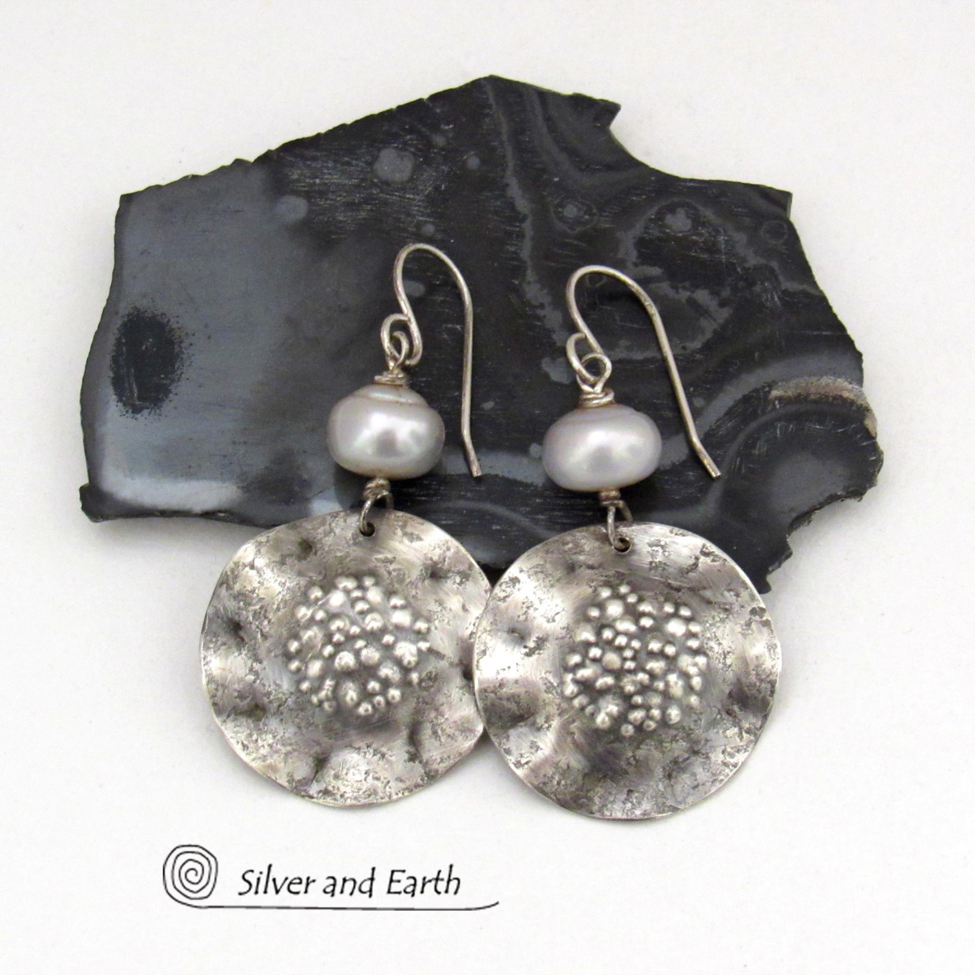 Hammered Sterling Silver Earrings with Silver Freshwater Pearls - Earthy Organic Modern Chic Artisan Handcrafted Jewelry