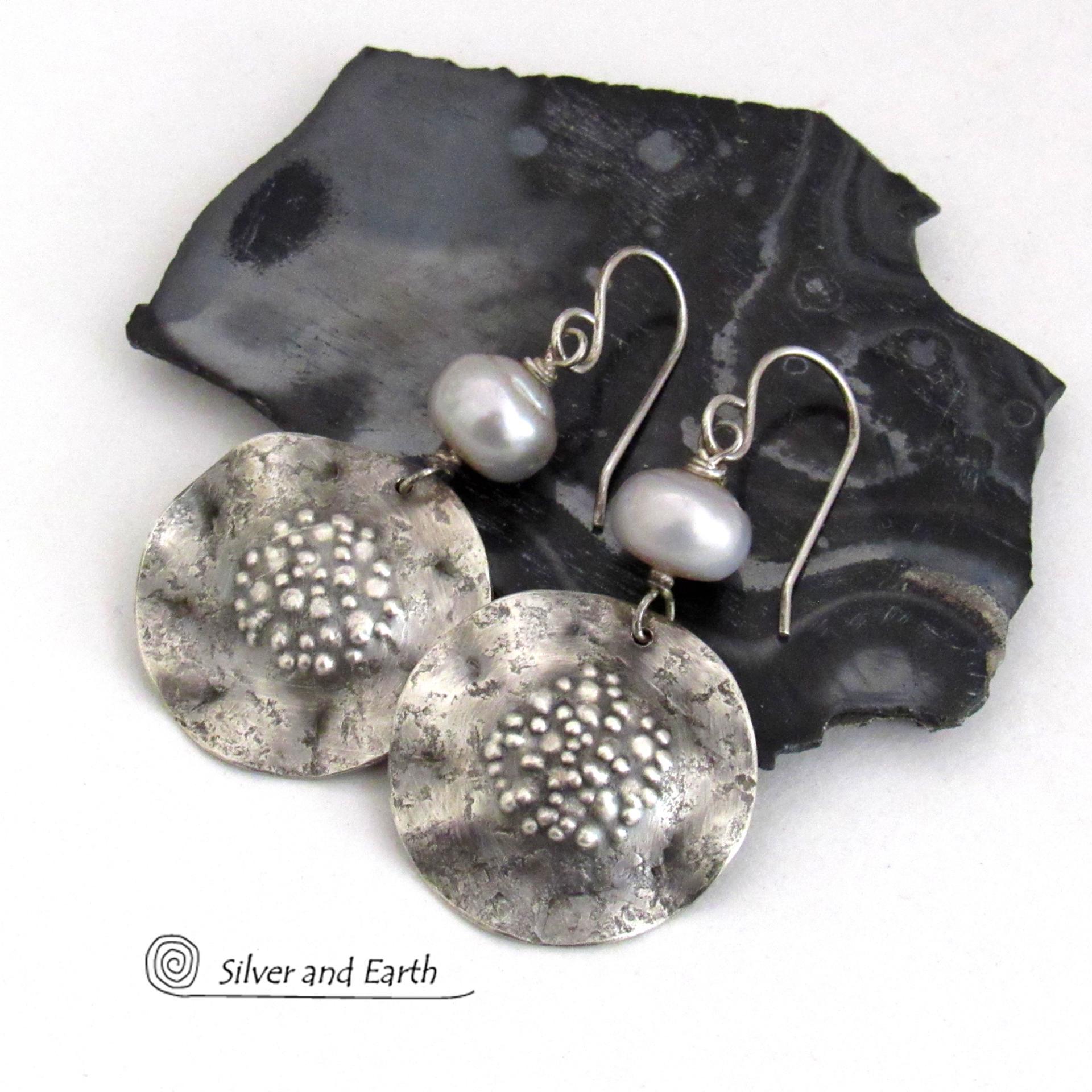 Hammered Sterling Silver Earrings with Silver Freshwater Pearls - Earthy Organic Modern Chic Artisan Handcrafted Jewelry