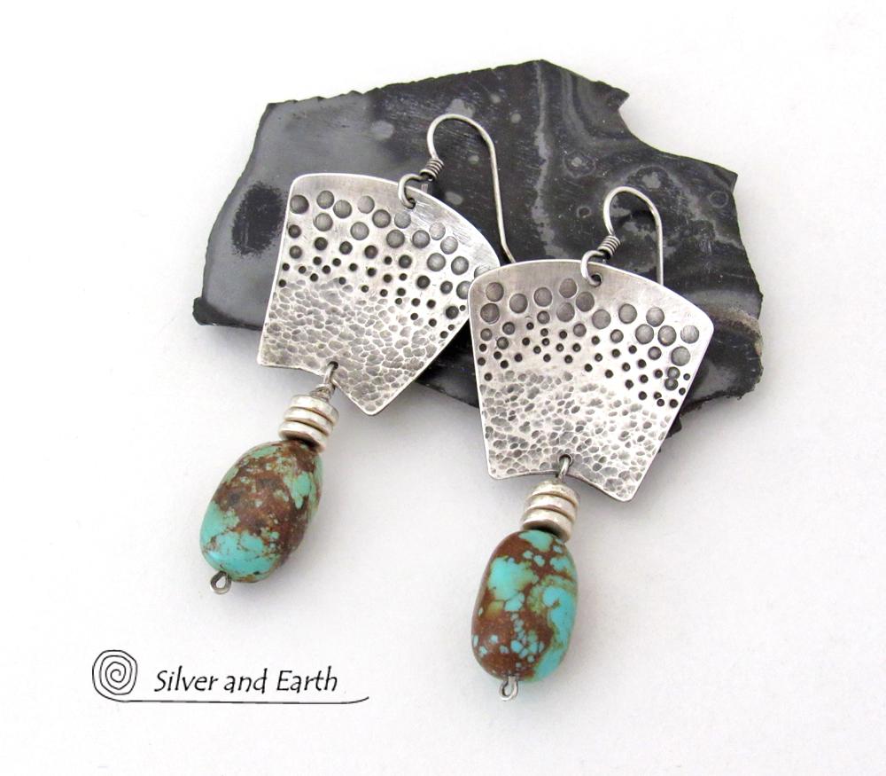 Hand Stamped Sterling Silver & Natural Turquoise Earrings - Bold Modern Southwest Style Handcrafted Jewelry 