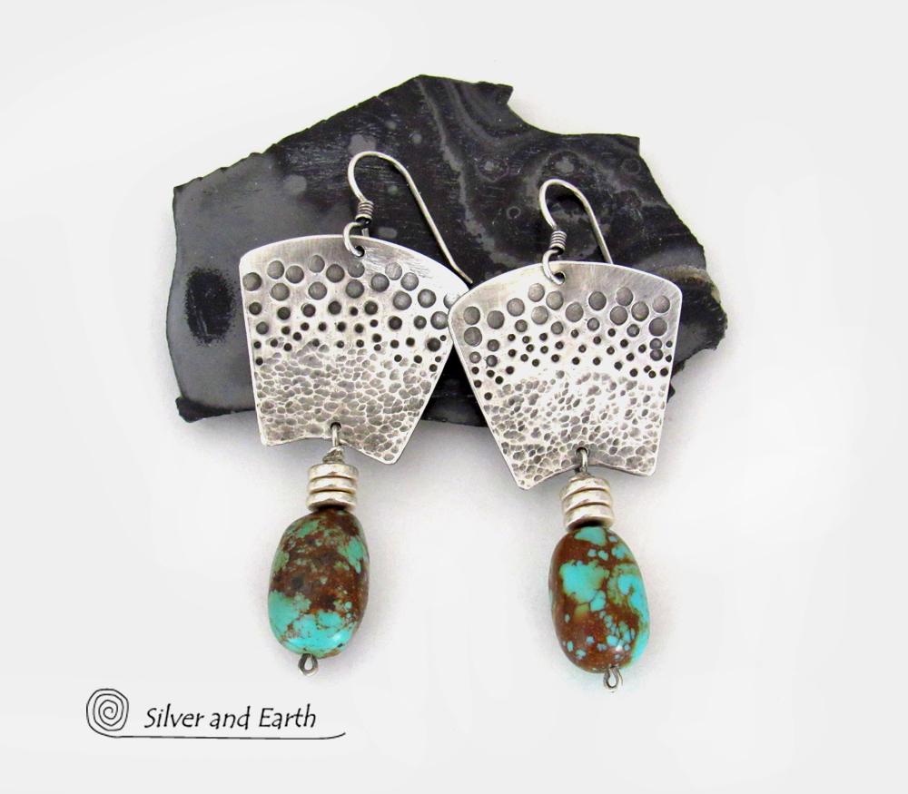 Hand Stamped Sterling Silver & Natural Turquoise Earrings - Bold Modern Southwest Style Handcrafted Jewelry 