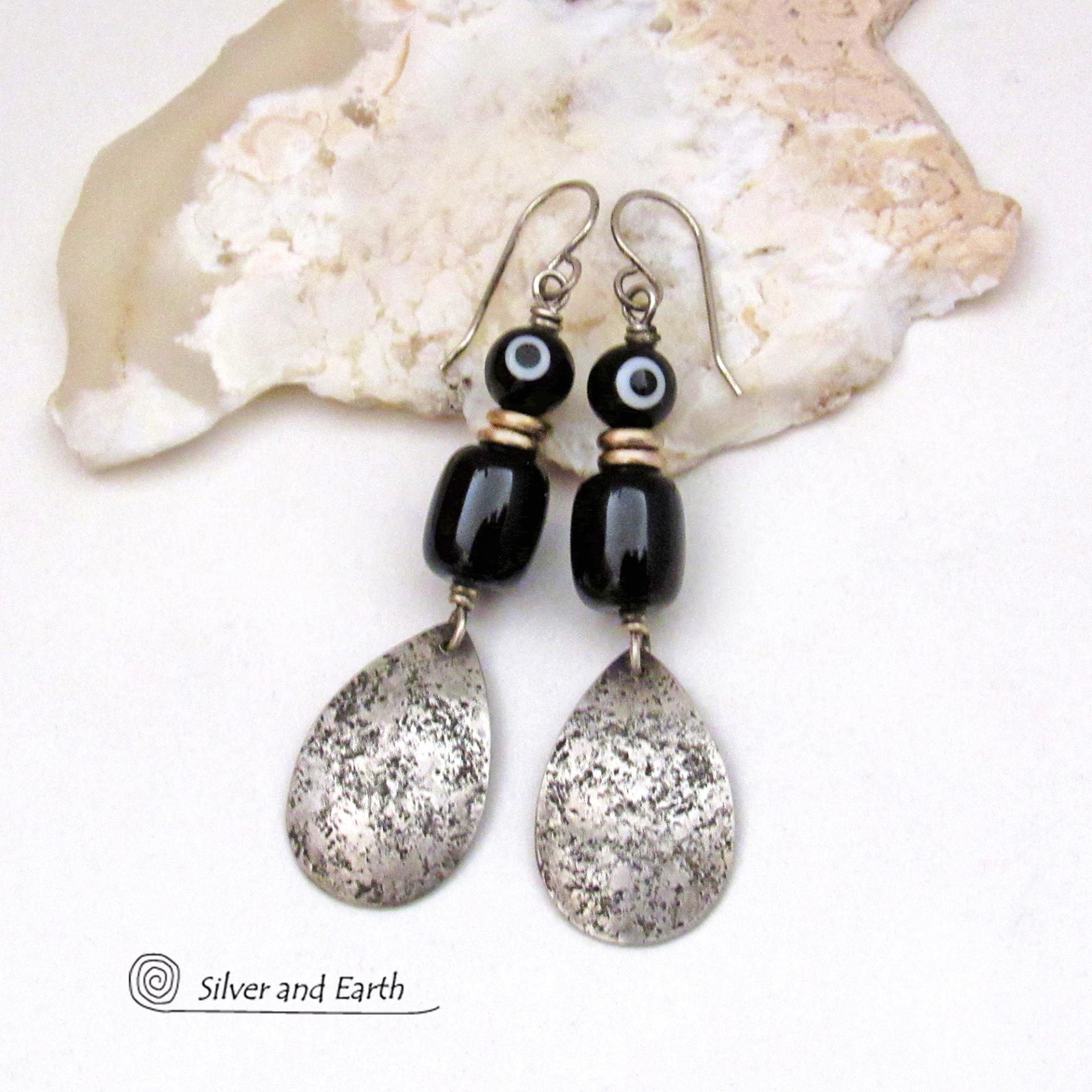 Sterling Silver Teardrop Dangle Earrings with Black Onyx Stones and Black & White Dotted Glass Beads