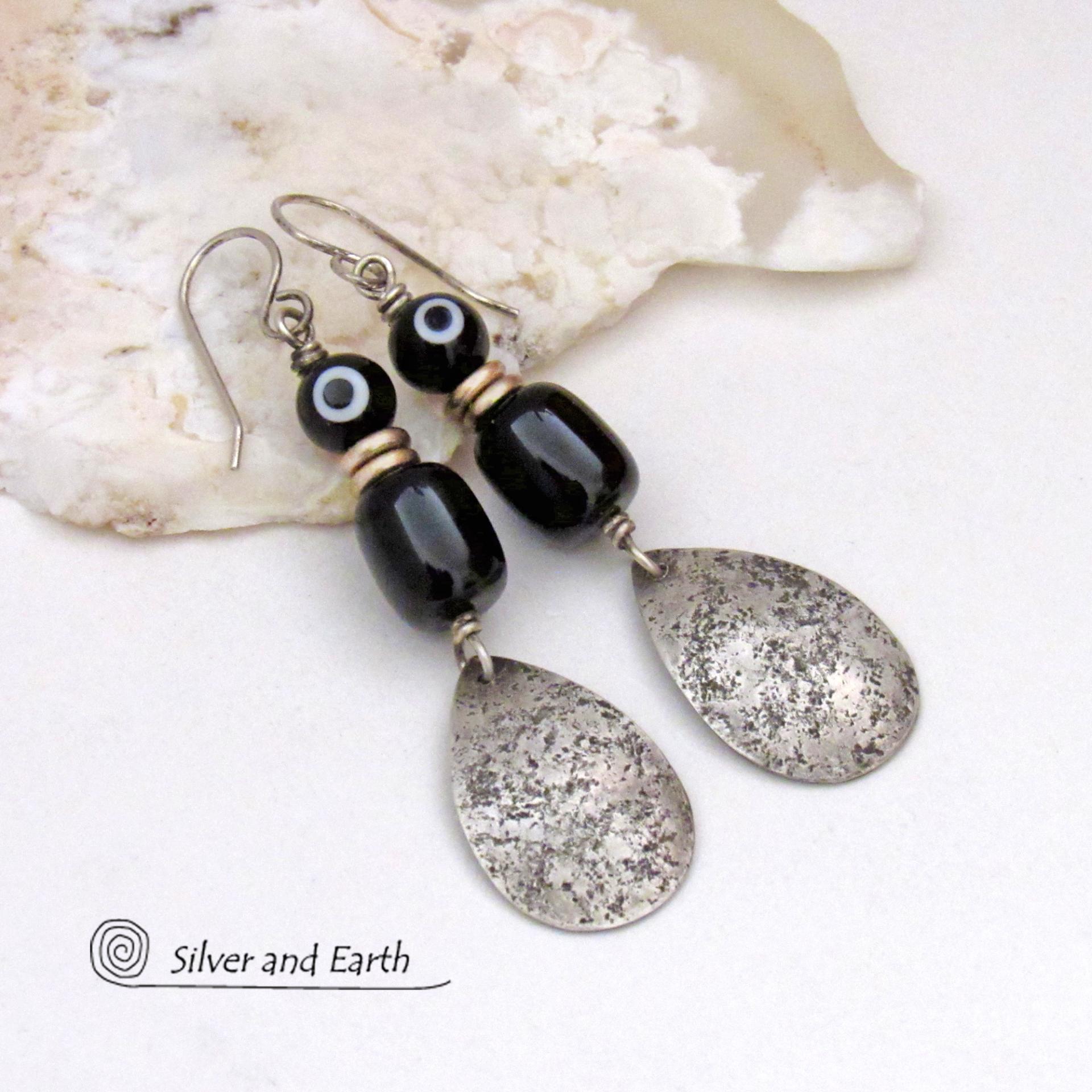 Sterling Silver Teardrop Dangle Earrings with Black Onyx Stones and Black & White Dotted Glass Beads