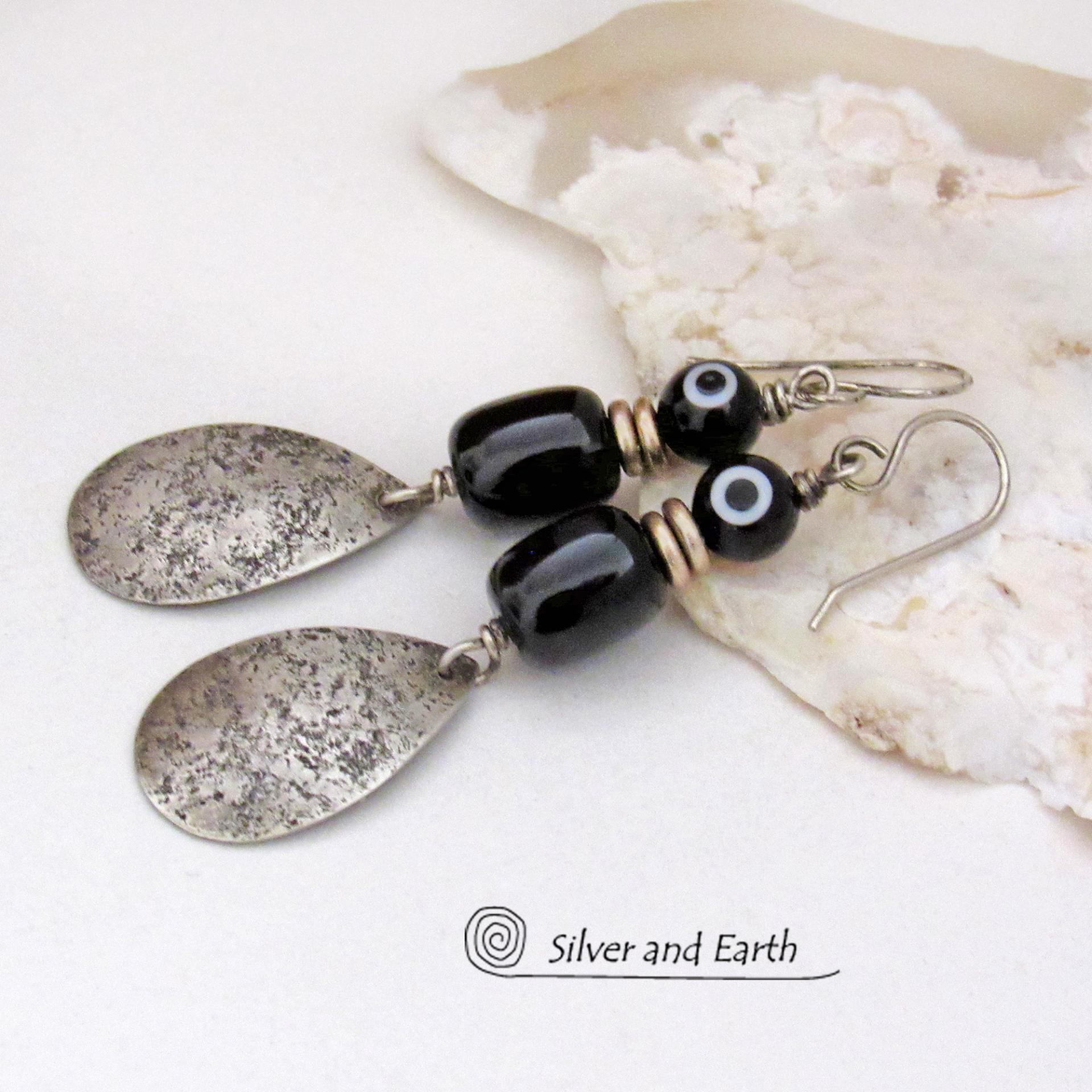 Sterling Silver Teardrop Dangle Earrings with Black Onyx Stones and Black & White Dotted Glass Beads