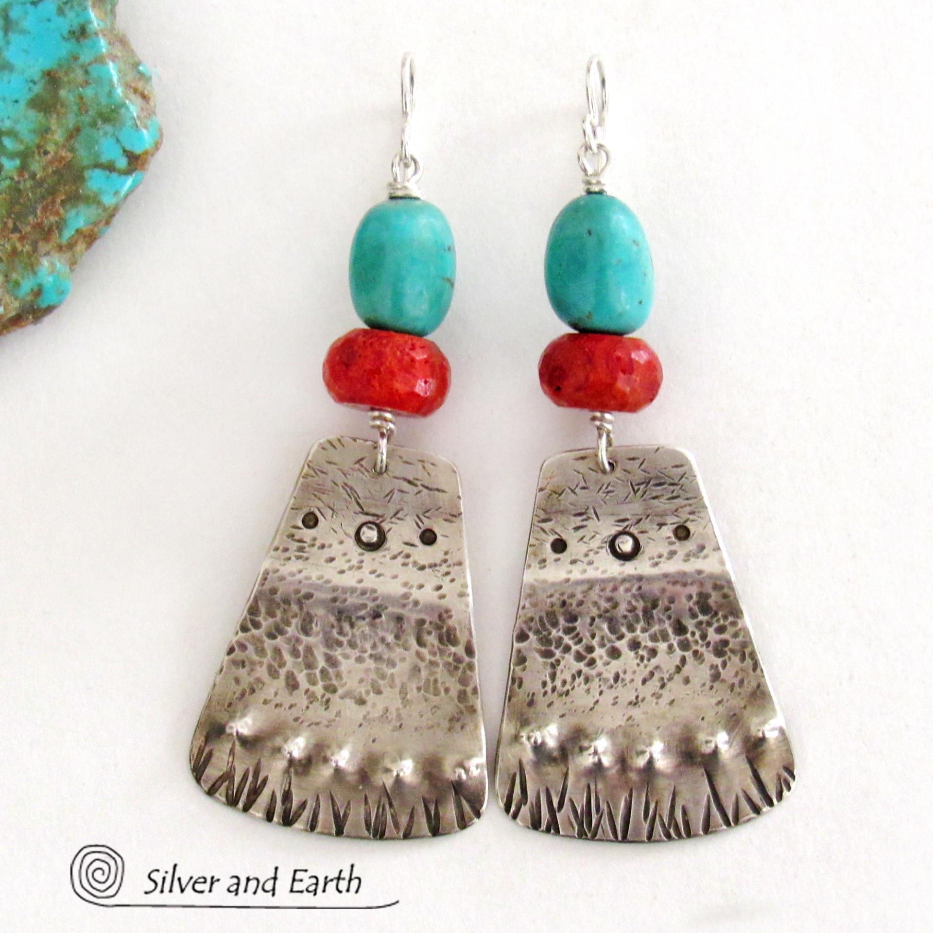 Sterling Silver and Turquoise Earrings with Red Coral - Southwest Style Artisan Handcrafted Jewelry