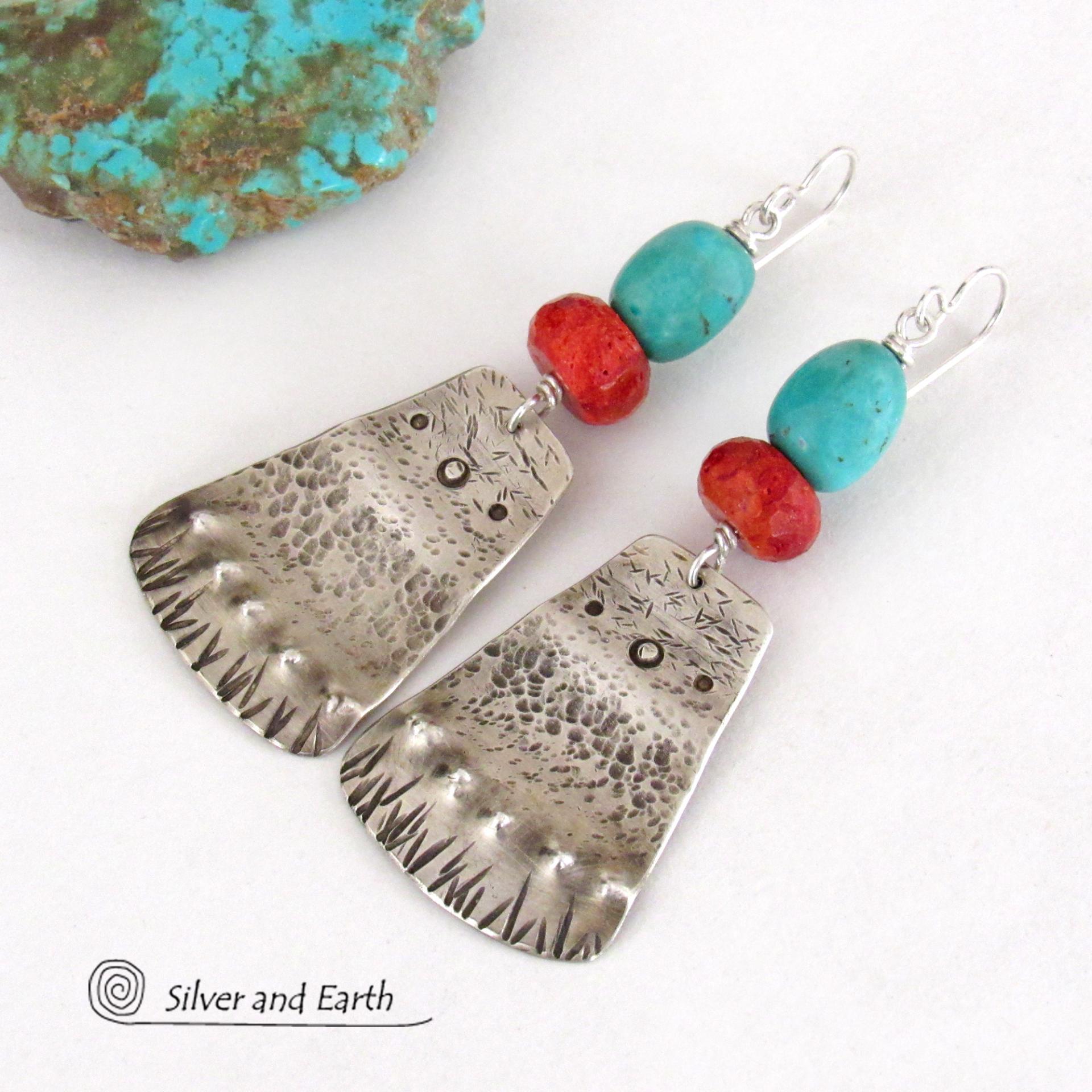 Sterling Silver and Turquoise Earrings with Red Coral - Artisan Handcrafted One of a Kind Southwest Style Jewelry