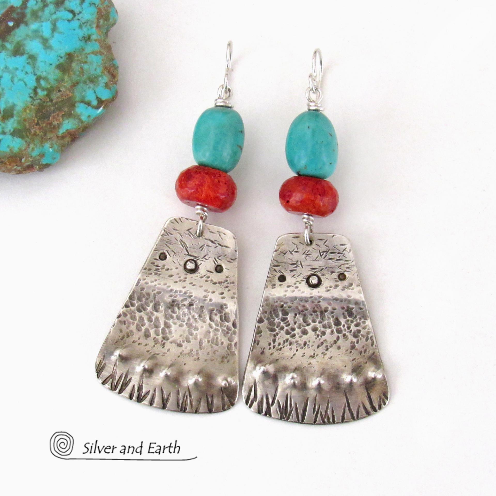Sterling Silver and Turquoise Earrings with Red Coral - Artisan Handcrafted One of a Kind Southwest Style Jewelry