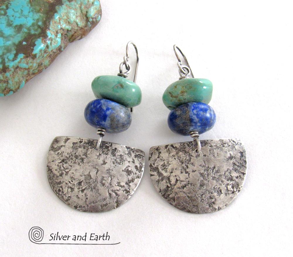 Sterling Silver Earrings with Chunky Natural Turquoise & Blue Lapis Stones - Handcrafted Modern Southwest Style Jewelry