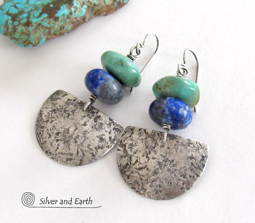 Sterling Silver Earrings with Chunky Natural Turquoise & Blue Lapis Stones - Handcrafted Modern Southwest Style Jewelry