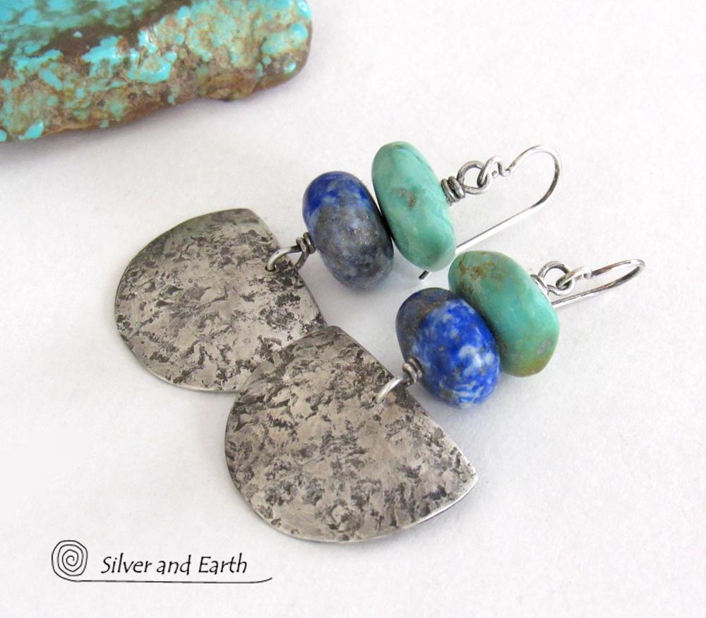 Sterling Silver Earrings with Chunky Natural Turquoise & Blue Lapis Stones - Handcrafted Modern Southwest Style Jewelry