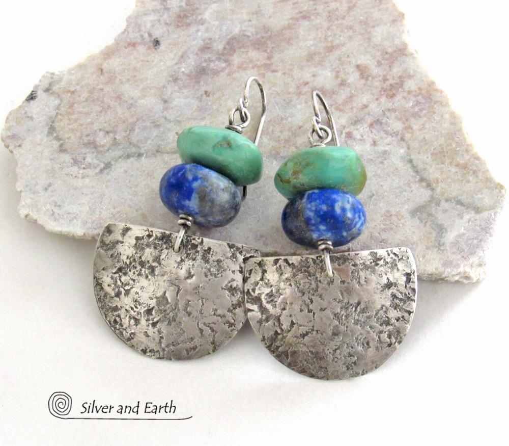 Sterling Silver Earrings with Chunky Natural Turquoise & Blue Lapis Stones - Handcrafted Modern Southwest Style Jewelry