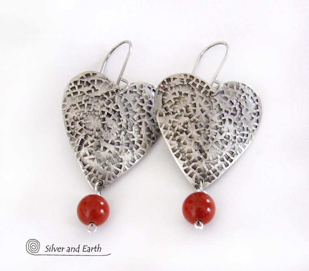 Sterling Silver Heart Earrings with Red Jasper Stone Dangles - Romantic Jewelry Gifts for Women