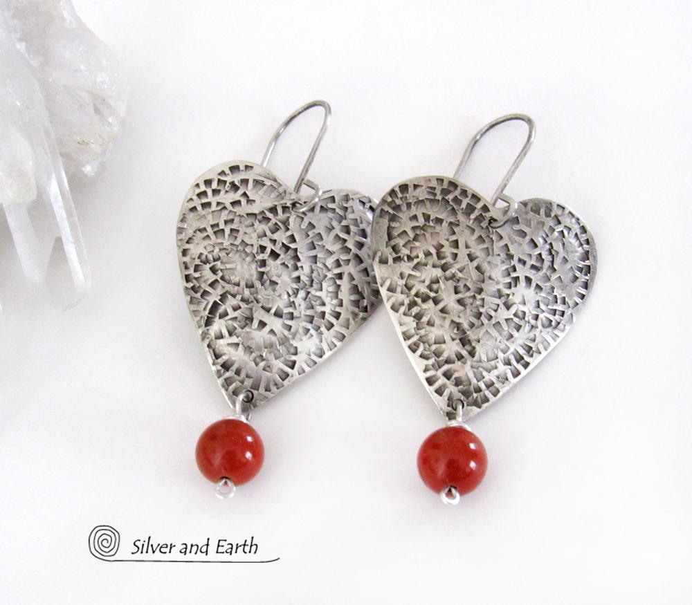 Sterling Silver Heart Earrings with Red Jasper Stone Dangles - Romantic Jewelry Gifts for Women