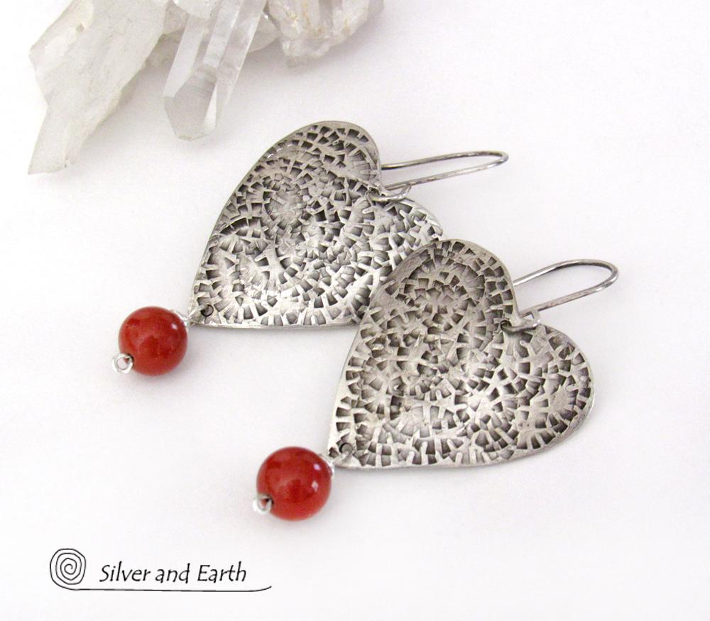 Sterling Silver Heart Earrings with Red Jasper Stone Dangles - Romantic Jewelry Gifts for Women