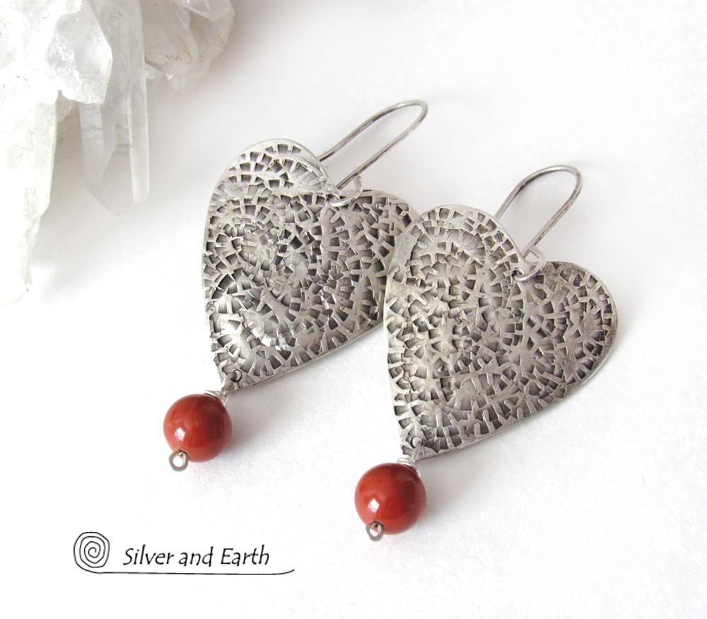 Sterling Silver Heart Earrings with Red Jasper Stone Dangles - Romantic Jewelry Gifts for Women