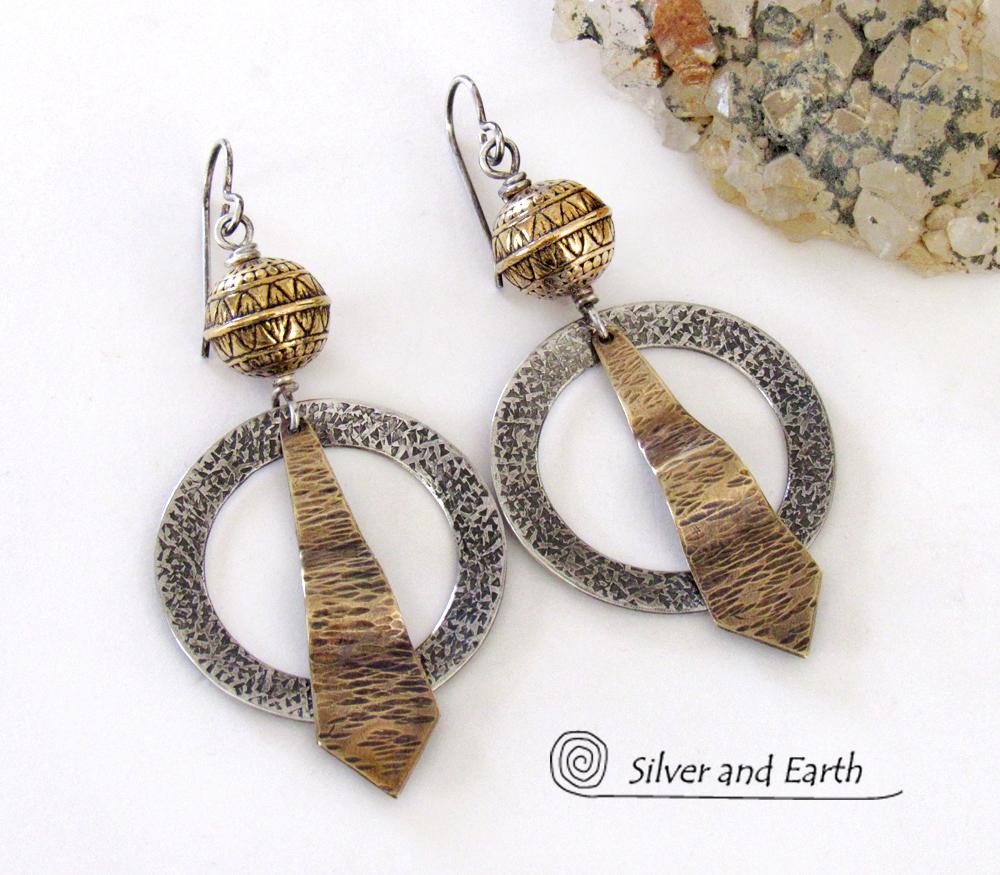 Sterling Silver Mixed Metal Hoop Earrings with Brass Beads - Bohemian Tribal Jewelry