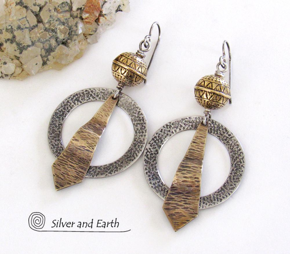 Sterling Silver Mixed Metal Hoop Earrings with Brass Beads - Bohemian Tribal Jewelry