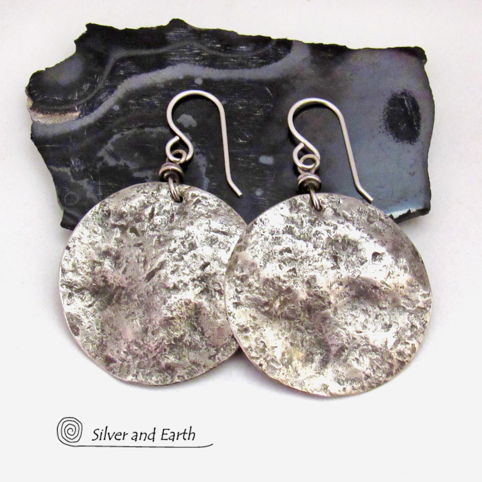 Hammered Sterling Silver Moon Earrings - Organic Earthy Silver Jewelry