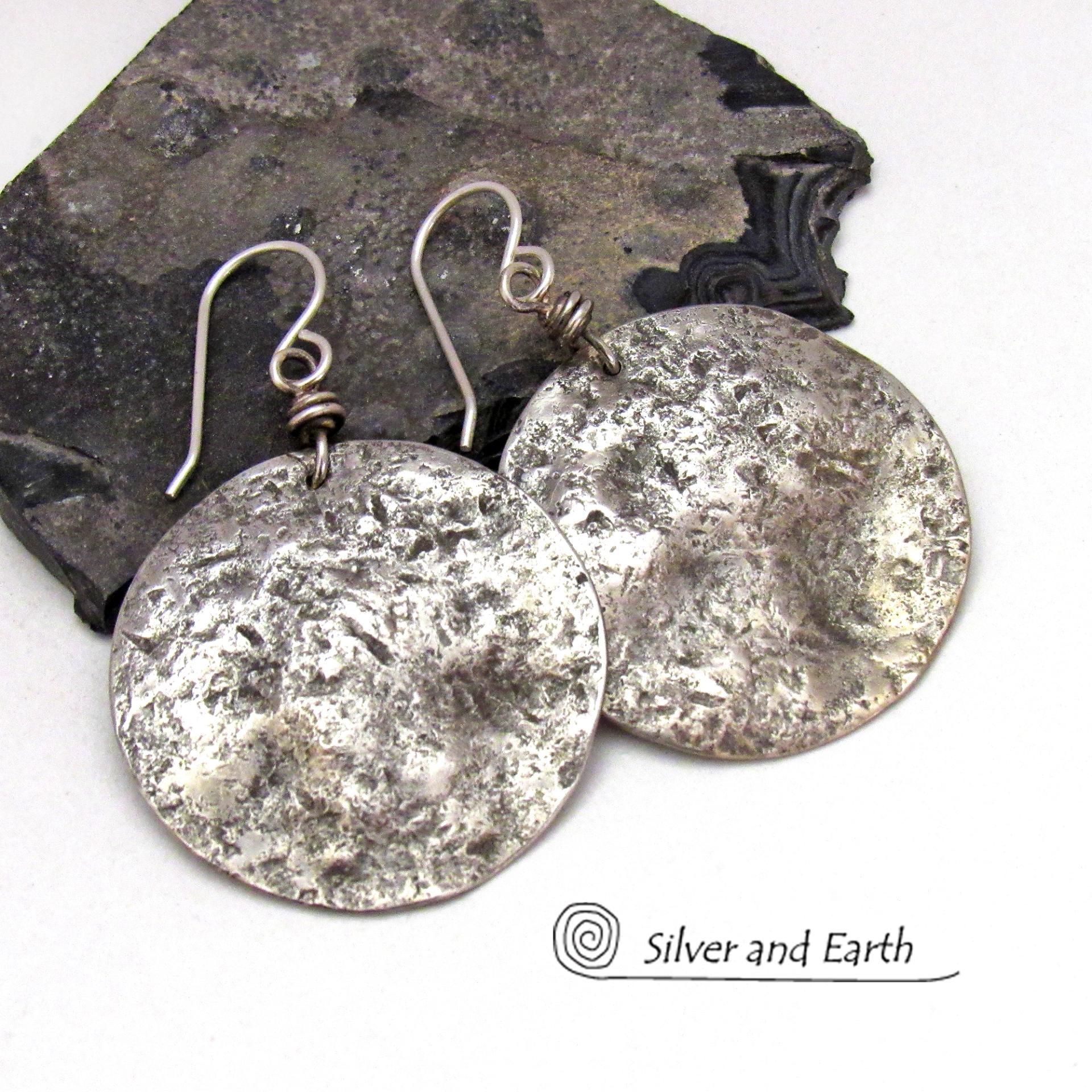 Hammered Sterling Silver Moon Earrings - Organic Earthy Silver Jewelry