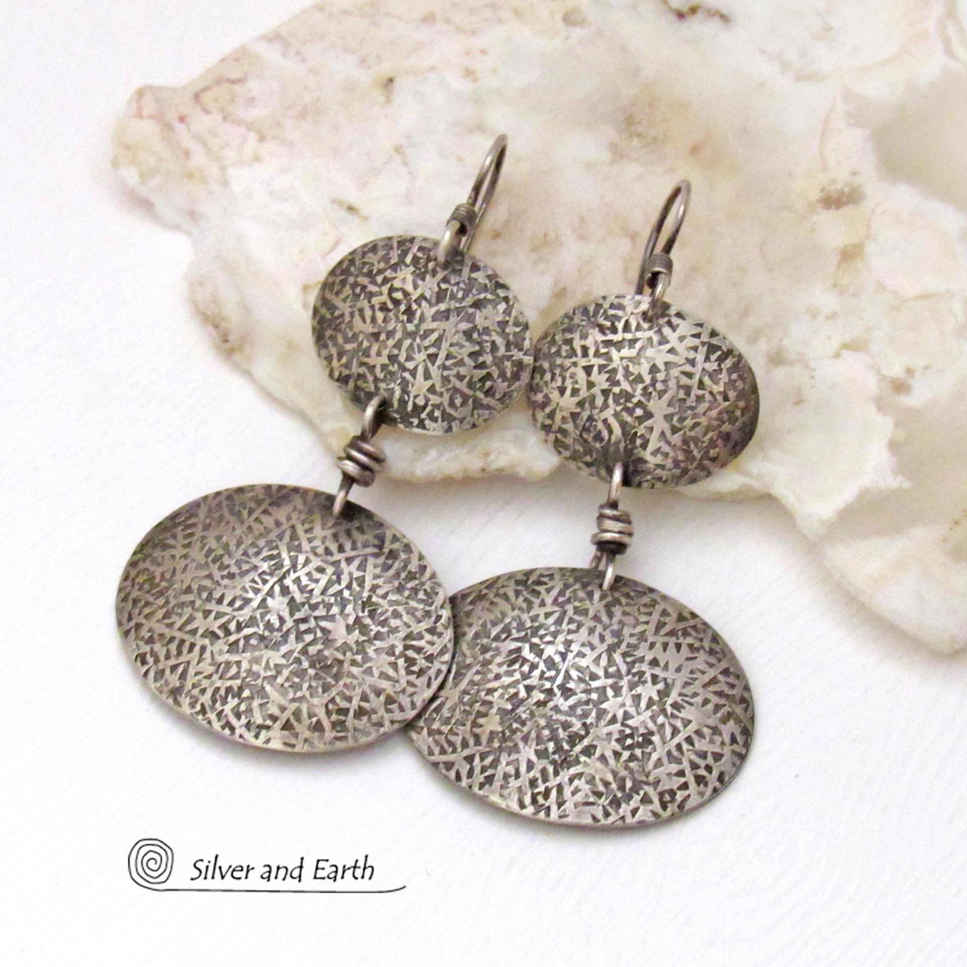 Textured Oxidized Sterling Silver Double Dangle Earrings - Rustic Organic Modern Silver Jewelry