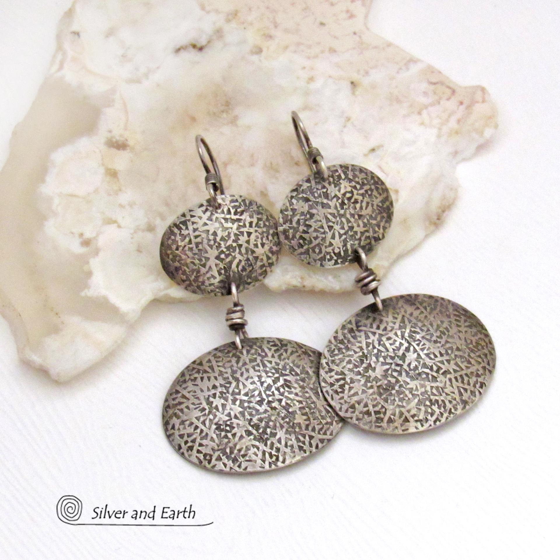 Textured Oxidized Sterling Silver Double Dangle Earrings - Rustic Organic Modern Silver Jewelry