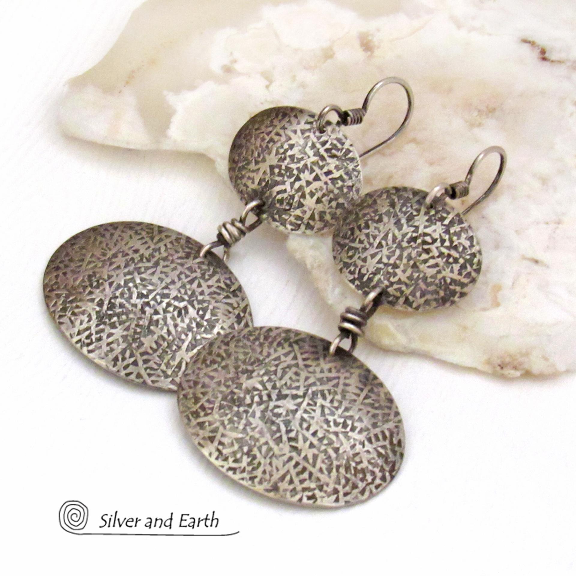 Textured Oxidized Sterling Silver Double Dangle Earrings - Rustic Organic Modern Silver Jewelry