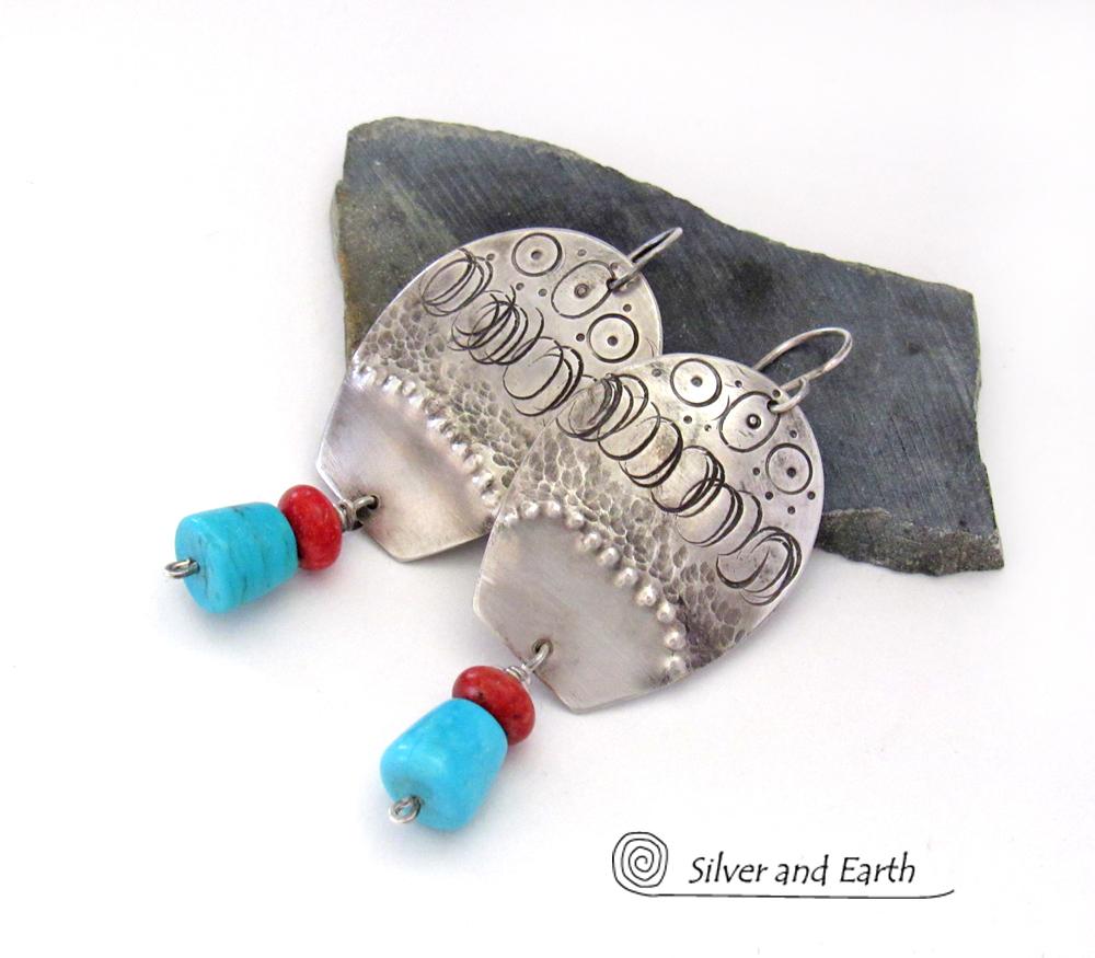 Sterling Silver Earrings with Sleeping Beauty Turquoise & Red Coral - Southwestern Tribal Jewelry