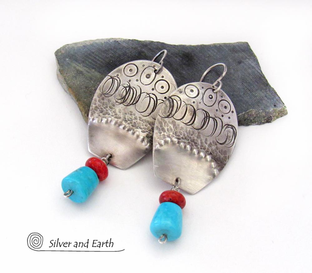 Sterling Silver Earrings with Sleeping Beauty Turquoise & Red Coral - Southwestern Tribal Jewelry