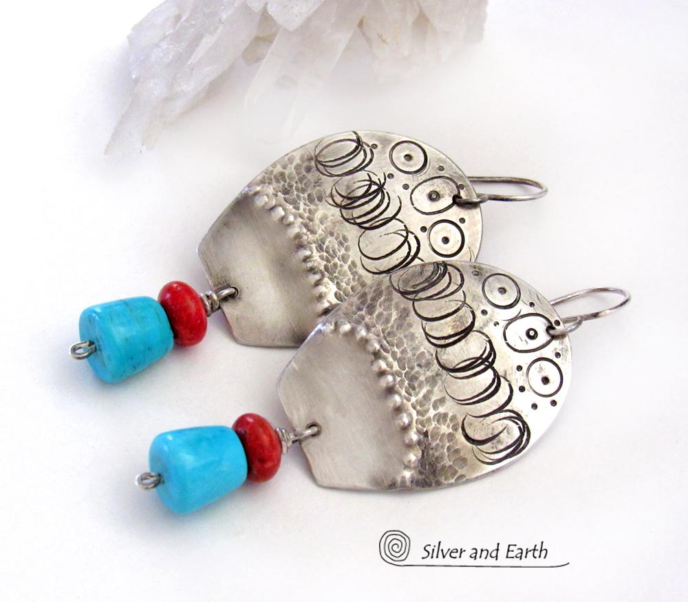 Sterling Silver Earrings with Sleeping Beauty Turquoise & Red Coral - Southwestern Tribal Jewelry