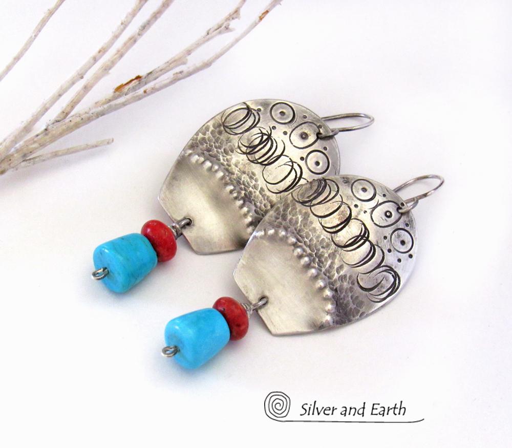 Sterling Silver Earrings with Sleeping Beauty Turquoise & Red Coral - Southwestern Tribal Jewelry