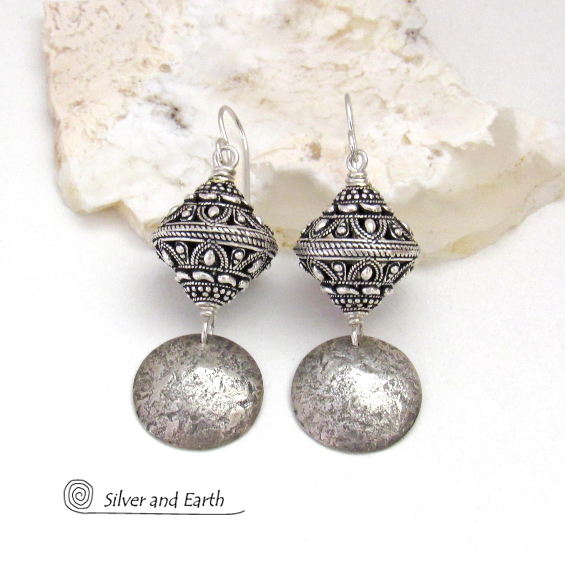 Textured Sterling Silver Dangle Earrings with Big Ornate Bali Style Beads - Elegant Modern Jewelry