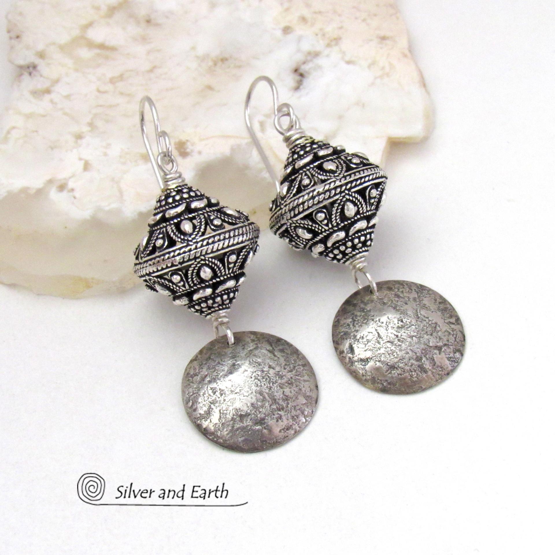 Textured Sterling Silver Dangle Earrings with Big Ornate Bali Style Beads - Elegant Modern Jewelry