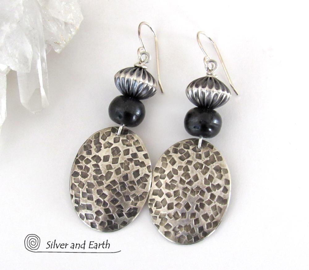 Tribal Sterling Silver Earrings with Black Beads - Earthy Rustic Silver Jewelry