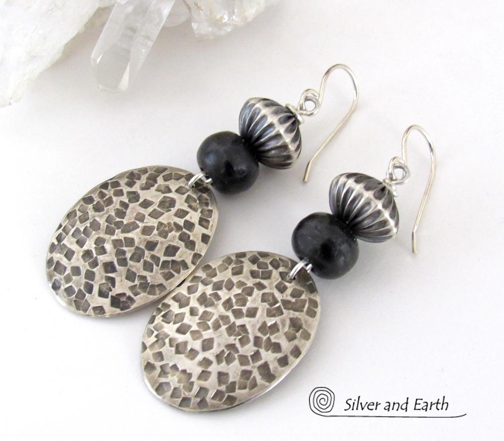 Tribal Sterling Silver Earrings with Black Beads - Earthy Rustic Silver Jewelry