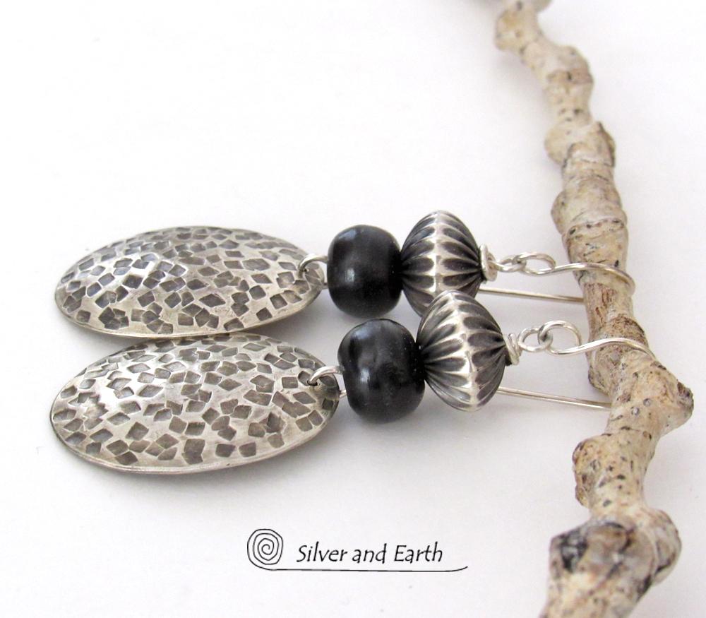 Tribal Sterling Silver Earrings with Black Beads - Earthy Rustic Silver Jewelry