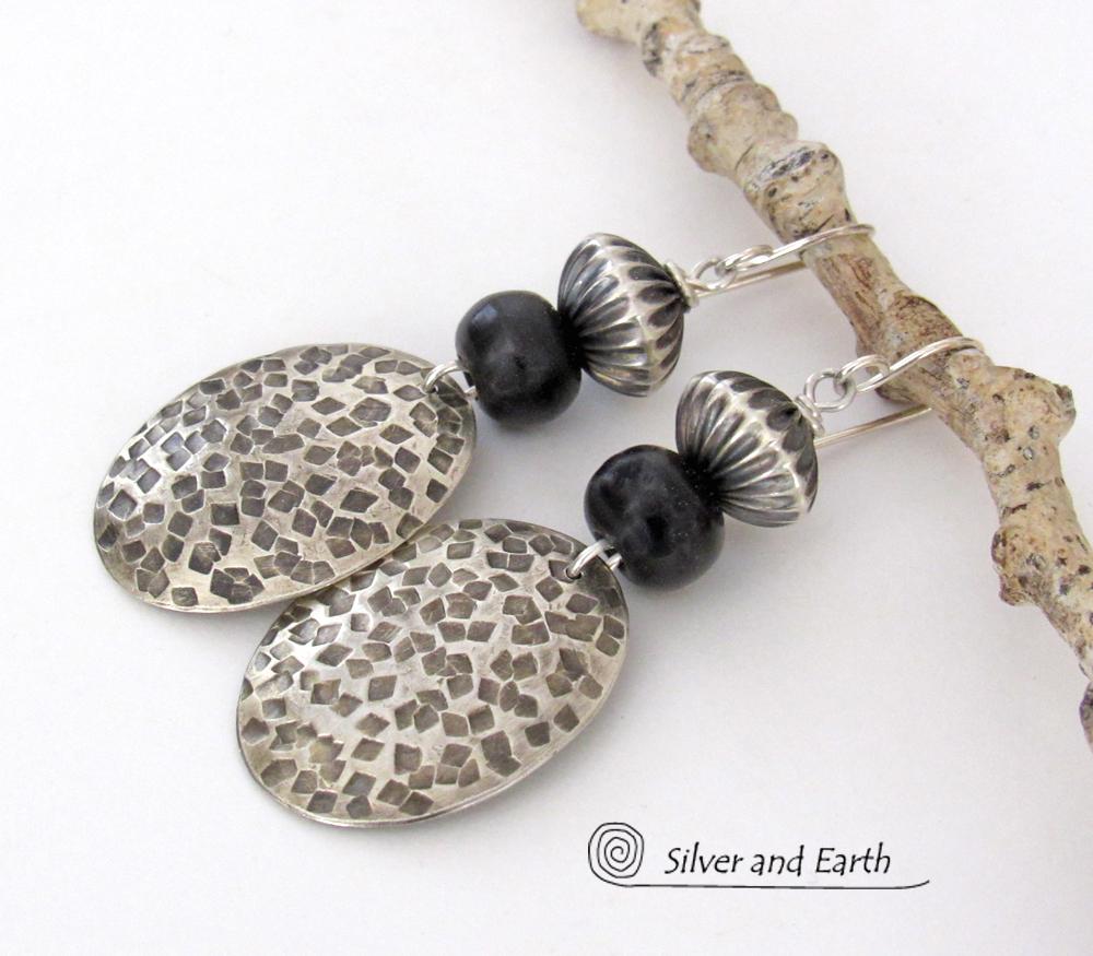 Tribal Sterling Silver Earrings with Black Beads - Earthy Rustic Silver Jewelry