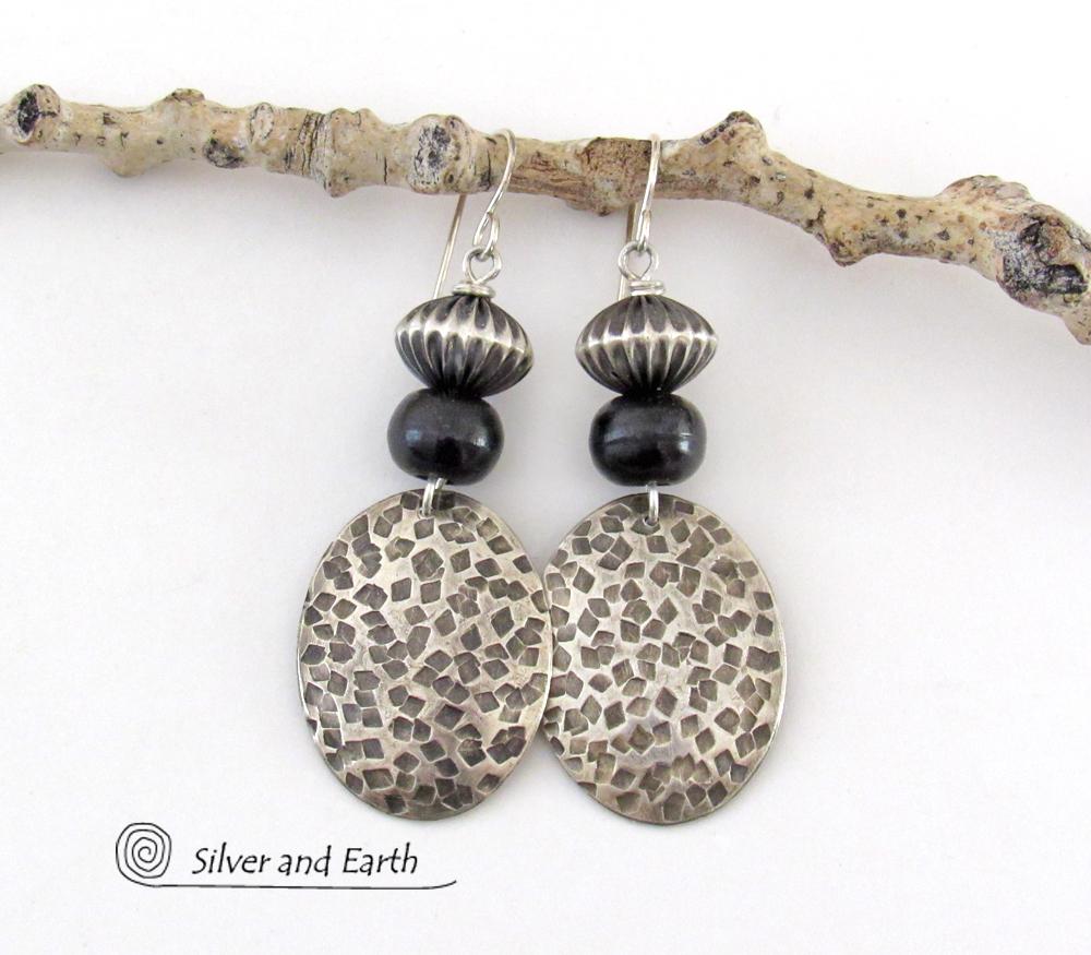 Tribal Sterling Silver Earrings with Black Beads - Earthy Rustic Silver Jewelry