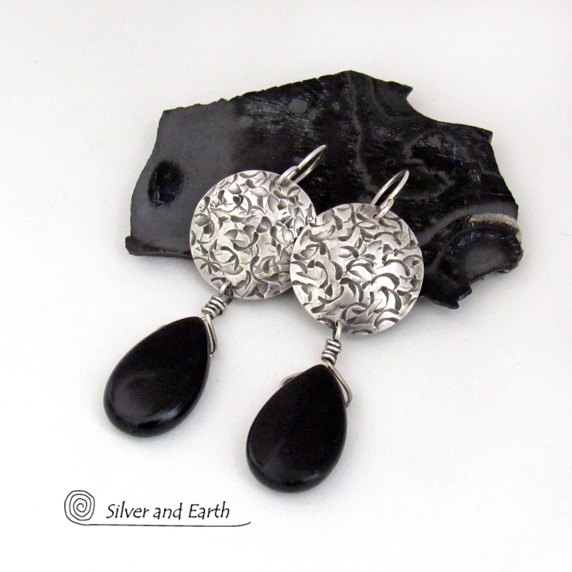 Sterling Silver Earrings with Dangling Black Onyx Gemstones - Handcrafted Silver Jewelry