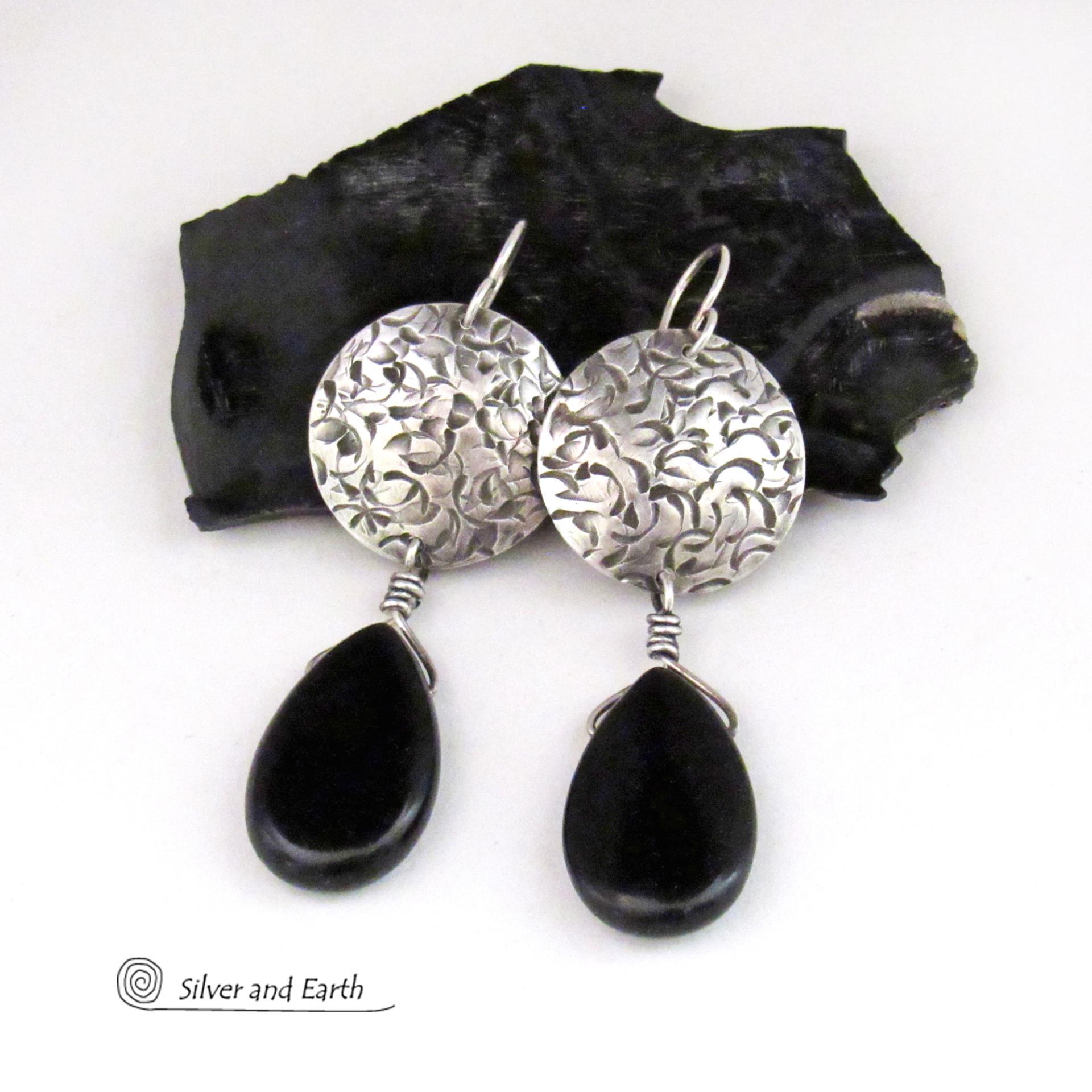 Sterling Silver Earrings with Dangling Black Onyx Gemstones - Handcrafted Silver Jewelry