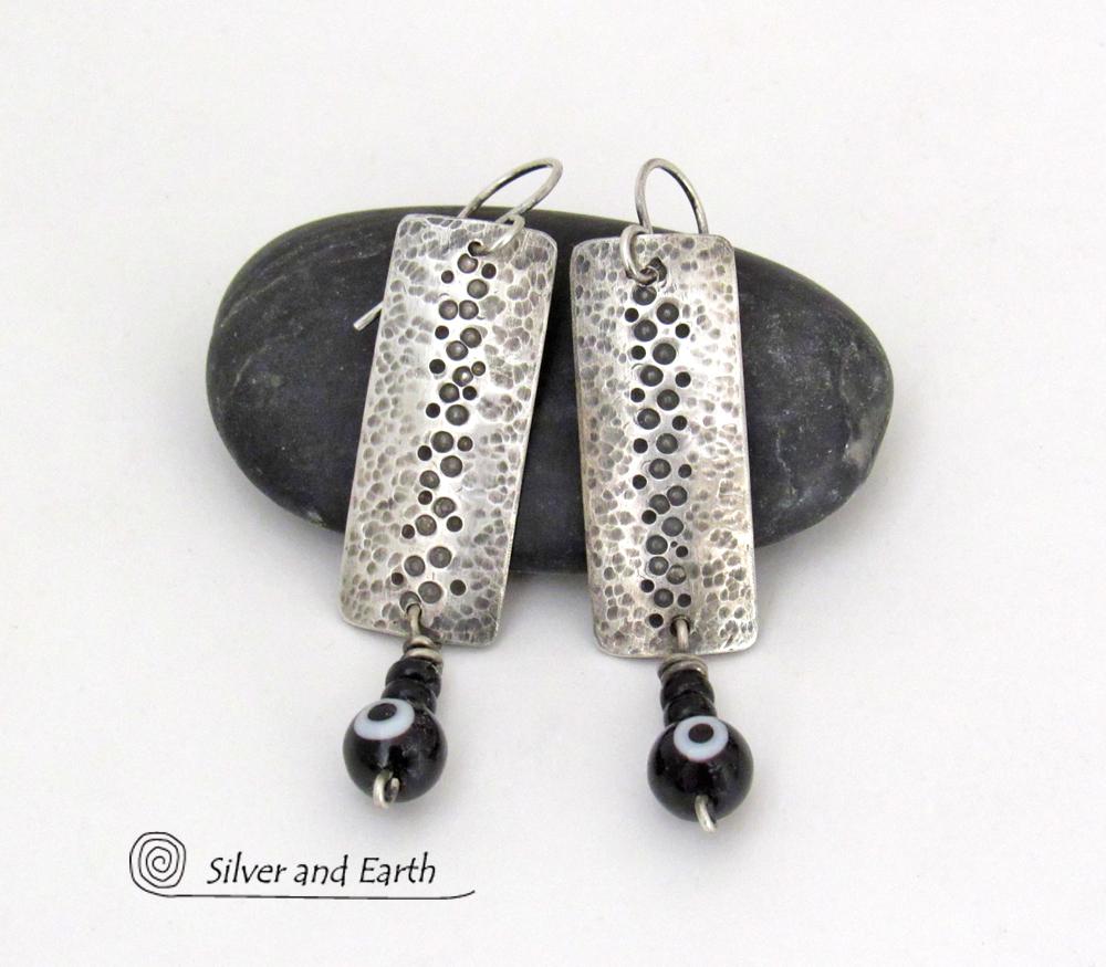 Hammered Sterling Silver Earrings with Black Onyx Stones & Glass Beads - Unique Handmade Modern Silver Jewelry