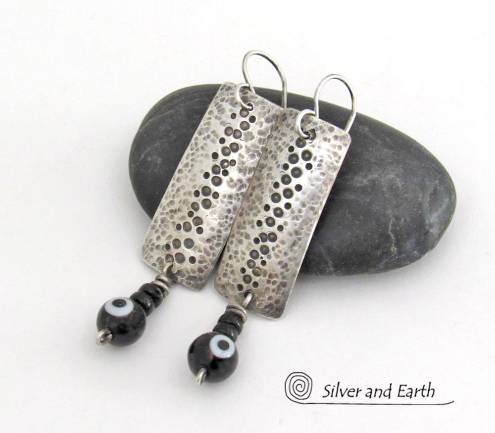 Hammered Sterling Silver Earrings with Black Onyx Stones & Glass Beads - Unique Handmade Modern Silver Jewelry