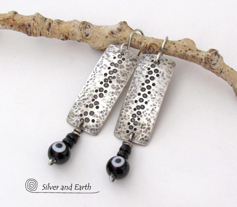 Hammered Sterling Silver Earrings with Black Onyx Stones & Glass Beads - Unique Handmade Modern Silver Jewelry