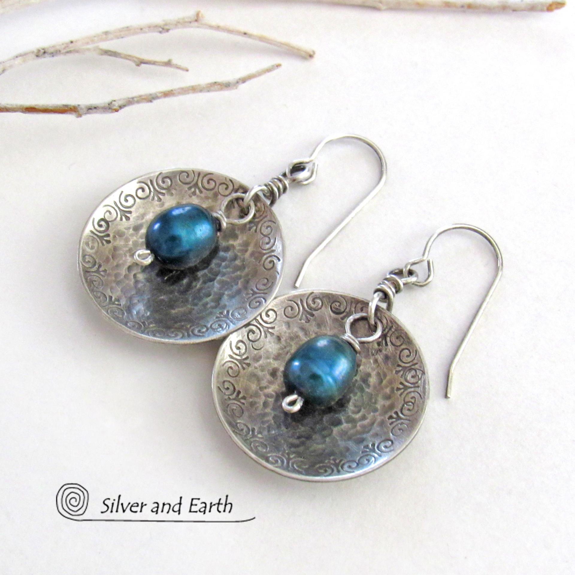 Sterling Silver Earrings with Blue Freshwater Pearls -  Elegant Modern Artisan Handcrafted Sterling Jewelry - June Birthstone Gift